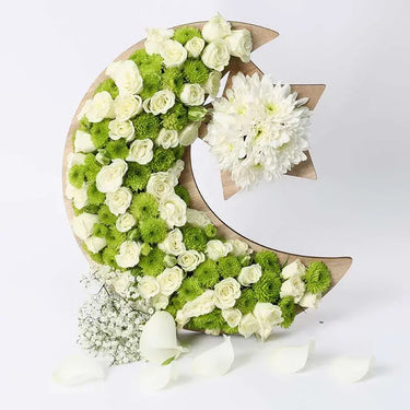 Floral Crescent Moon and Star, Green, Baby Roses, Button Chrysanthemums, Unique Floral Arrangement